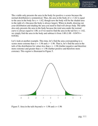 pg. 111
The z-table only presents the area in the body for positive z-scores because the
normal distribution is symmetrical. Thus, the area in the body of z = 1.62 is equal
to the area in the body for z = -1.62, though now the body will be the shaded area
to the right of z (because the body is always larger). When in doubt, drawing out
your distribution and shading the area you need to find will always help. The table
also only presents the area in the body because the total area under the normal
curve is always equal to 1.00, so if we need to find the area in the tail for z = 1.62,
we simply find the area in the body and subtract it from 1.00 (1.00 – 0.9474 =
0.0526).
Let’s look at another example. This time, let’s find the area corresponding to z-
scores more extreme than z = -1.96 and z = 1.96. That is, let’s find the area in the
tails of the distribution for values less than z = -1.96 (farther negative and therefore
more extreme) and greater than z = 1.96 (farther positive and therefore more
extreme). This region is illustrated in Figure 5.
Figure 5. Area in the tails beyond z = -1.96 and z = 1.96
 