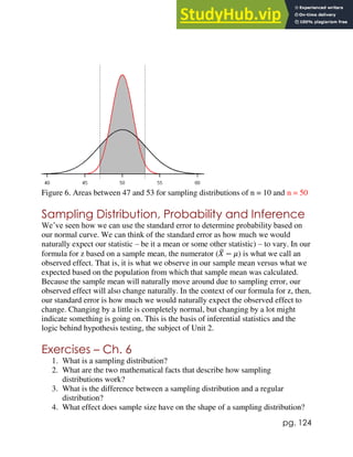 pg. 124
Figure 6. Areas between 47 and 53 for sampling distributions of n = 10 and n = 50
Sampling Distribution, Probability and Inference
We’ve seen how we can use the standard error to determine probability based on
our normal curve. We can think of the standard error as how much we would
naturally expect our statistic – be it a mean or some other statistic) – to vary. In our
formula for z based on a sample mean, the numerator (𝑋
̅ − 𝜇) is what we call an
observed effect. That is, it is what we observe in our sample mean versus what we
expected based on the population from which that sample mean was calculated.
Because the sample mean will naturally move around due to sampling error, our
observed effect will also change naturally. In the context of our formula for z, then,
our standard error is how much we would naturally expect the observed effect to
change. Changing by a little is completely normal, but changing by a lot might
indicate something is going on. This is the basis of inferential statistics and the
logic behind hypothesis testing, the subject of Unit 2.
Exercises – Ch. 6
1. What is a sampling distribution?
2. What are the two mathematical facts that describe how sampling
distributions work?
3. What is the difference between a sampling distribution and a regular
distribution?
4. What effect does sample size have on the shape of a sampling distribution?
 