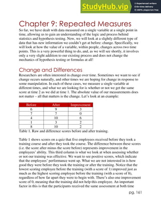 pg. 161
Chapter 9: Repeated Measures
So far, we have dealt with data measured on a single variable at a single point in
time, allowing us to gain an understanding of the logic and process behind
statistics and hypothesis testing. Now, we will look at a slightly different type of
data that has new information we couldn’t get at before: change. Specifically, we
will look at how the value of a variable, within people, changes across two time
points. This is a very powerful thing to do, and, as we will see shortly, it involves
only a very slight addition to our existing process and does not change the
mechanics of hypothesis testing or formulas at all!
Change and Differences
Researchers are often interested in change over time. Sometimes we want to see if
change occurs naturally, and other times we are hoping for change in response to
some manipulation. In each of these cases, we measure a single variable at
different times, and what we are looking for is whether or not we get the same
score at time 2 as we did at time 1. The absolute value of our measurements does
not matter – all that matters is the change. Let’s look at an example:
Before After Improvement
6 9 3
7 7 0
4 10 6
1 3 2
8 10 2
Table 1. Raw and difference scores before and after training.
Table 1 shows scores on a quiz that five employees received before they took a
training course and after they took the course. The difference between these scores
(i.e. the score after minus the score before) represents improvement in the
employees’ ability. This third column is what we look at when assessing whether
or not our training was effective. We want to see positive scores, which indicate
that the employees’ performance went up. What we are not interested in is how
good they were before they took the training or after the training. Notice that the
lowest scoring employee before the training (with a score of 1) improved just as
much as the highest scoring employee before the training (with a score of 8),
regardless of how far apart they were to begin with. There’s also one improvement
score of 0, meaning that the training did not help this employee. An important
factor in this is that the participants received the same assessment at both time
 