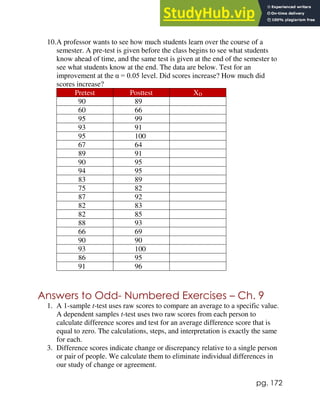 pg. 172
10.A professor wants to see how much students learn over the course of a
semester. A pre-test is given before the class begins to see what students
know ahead of time, and the same test is given at the end of the semester to
see what students know at the end. The data are below. Test for an
improvement at the α = 0.05 level. Did scores increase? How much did
scores increase?
Pretest Posttest XD
90 89
60 66
95 99
93 91
95 100
67 64
89 91
90 95
94 95
83 89
75 82
87 92
82 83
82 85
88 93
66 69
90 90
93 100
86 95
91 96
Answers to Odd- Numbered Exercises – Ch. 9
1. A 1-sample t-test uses raw scores to compare an average to a specific value.
A dependent samples t-test uses two raw scores from each person to
calculate difference scores and test for an average difference score that is
equal to zero. The calculations, steps, and interpretation is exactly the same
for each.
3. Difference scores indicate change or discrepancy relative to a single person
or pair of people. We calculate them to eliminate individual differences in
our study of change or agreement.
 