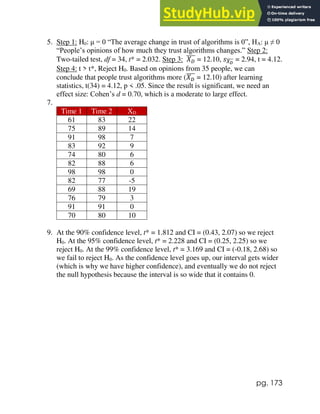 pg. 173
5. Step 1: H0: μ = 0 “The average change in trust of algorithms is 0”, HA: μ ≠ 0
“People’s opinions of how much they trust algorithms changes.” Step 2:
Two-tailed test, df = 34, t* = 2.032. Step 3: 𝑋𝐷
̅̅̅̅ = 12.10, 𝑠𝑋𝐷
̅̅̅̅ = 2.94, t = 4.12.
Step 4: t > t*, Reject H0. Based on opinions from 35 people, we can
conclude that people trust algorithms more (𝑋𝐷
̅̅̅̅ = 12.10) after learning
statistics, t(34) = 4.12, p < .05. Since the result is significant, we need an
effect size: Cohen’s d = 0.70, which is a moderate to large effect.
7.
Time 1 Time 2 XD
61 83 22
75 89 14
91 98 7
83 92 9
74 80 6
82 88 6
98 98 0
82 77 -5
69 88 19
76 79 3
91 91 0
70 80 10
9. At the 90% confidence level, t* = 1.812 and CI = (0.43, 2.07) so we reject
H0. At the 95% confidence level, t* = 2.228 and CI = (0.25, 2.25) so we
reject H0. At the 99% confidence level, t* = 3.169 and CI = (-0.18, 2.68) so
we fail to reject H0. As the confidence level goes up, our interval gets wider
(which is why we have higher confidence), and eventually we do not reject
the null hypothesis because the interval is so wide that it contains 0.
 