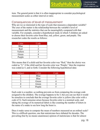 pg. 18
item. The general point is that it is often inappropriate to consider psychological
measurement scales as either interval or ratio.
Consequences of level of measurement
Why are we so interested in the type of scale that measures a dependent variable?
The crux of the matter is the relationship between the variable's level of
measurement and the statistics that can be meaningfully computed with that
variable. For example, consider a hypothetical study in which 5 children are asked
to choose their favorite color from blue, red, yellow, green, and purple. The
researcher codes the results as follows:
Color Code
Blue 1
Red 2
Yellow 3
Green 4
Purple 5
This means that if a child said her favorite color was “Red,” then the choice was
coded as “2,” if the child said her favorite color was “Purple,” then the response
was coded as 5, and so forth. Consider the following hypothetical data:
Subject Color Code
1 Blue 1
2 Blue 1
3 Green 4
4 Green 4
5 Purple 5
Each code is a number, so nothing prevents us from computing the average code
assigned to the children. The average happens to be 3, but you can see that it would
be senseless to conclude that the average favorite color is yellow (the color with a
code of 3). Such nonsense arises because favorite color is a nominal scale, and
taking the average of its numerical labels is like counting the number of letters in
the name of a snake to see how long the beast is.
Does it make sense to compute the mean of numbers measured on an ordinal scale?
This is a difficult question, one that statisticians have debated for decades. The
prevailing (but by no means unanimous) opinion of statisticians is that for almost
 