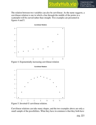 pg. 221
The relation between two variables can also be curvilinear. As the name suggests, a
curvilinear relation is one in which a line through the middle of the points in a
scatterplot will be curved rather than straight. Two examples are presented in
figures 4 and 5.
Figure 4. Exponentially increasing curvilinear relation
Figure 5. Inverted-U curvilinear relation.
Curvilinear relations can take many shapes, and the two examples above are only a
small sample of the possibilities. What they have in common is that they both have
 