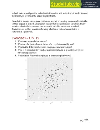 pg. 238
in both sides would provide redundant information and make it a bit harder to read
the matrix, so we leave the upper triangle blank.
Correlation matrices are a very condensed way of presenting many results quickly,
so they appear in almost all research studies that use continuous variables. Many
matrices also include columns that show the variable means and standard
deviations, as well as asterisks showing whether or not each correlation is
statistically significant.
Exercises – Ch. 12
1. What does a correlation assess?
2. What are the three characteristics of a correlation coefficient?
3. What is the difference between covariance and correlation?
4. Why is it important to visualize correlational data in a scatterplot before
performing analyses?
5. What sort of relation is displayed in the scatterplot below?
 