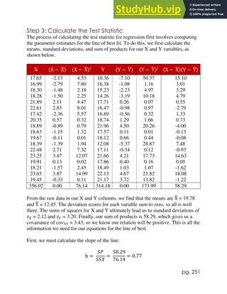 pg. 251
Step 3: Calculate the Test Statistic
The process of calculating the test statistic for regression first involves computing
the parameter estimates for the line of best fit. To do this, we first calculate the
means, standard deviations, and sum of products for our X and Y variables, as
shown below.
X (X − X
̅) (X − X
̅)2
Y (Y − Y
̅) (Y − Y
̅)2
(X − X
̅)(Y − Y
̅)
17.65 -2.13 4.53 10.36 -7.10 50.37 15.10
16.99 -2.79 7.80 16.38 -1.08 1.16 3.01
18.30 -1.48 2.18 15.23 -2.23 4.97 3.29
18.28 -1.50 2.25 14.26 -3.19 10.18 4.79
21.89 2.11 4.47 17.71 0.26 0.07 0.55
22.61 2.83 8.01 16.47 -0.98 0.97 -2.79
17.42 -2.36 5.57 16.89 -0.56 0.32 1.33
20.35 0.57 0.32 18.74 1.29 1.66 0.73
18.89 -0.89 0.79 21.96 4.50 20.26 -4.00
18.63 -1.15 1.32 17.57 0.11 0.01 -0.13
19.67 -0.11 0.01 18.12 0.66 0.44 -0.08
18.39 -1.39 1.94 12.08 -5.37 28.87 7.48
22.48 2.71 7.32 17.11 -0.34 0.12 -0.93
23.25 3.47 12.07 21.66 4.21 17.73 14.63
19.91 0.13 0.02 17.86 0.40 0.16 0.05
18.21 -1.57 2.45 18.49 1.03 1.07 -1.62
23.65 3.87 14.99 22.13 4.67 21.82 18.08
19.45 -0.33 0.11 21.17 3.72 13.82 -1.22
356.02 0.00 76.14 314.18 0.00 173.99 58.29
From the raw data in our X and Y columns, we find that the means are X
̅ = 19.78
and Y
̅ = 17.45. The deviation scores for each variable sum to zero, so all is well
there. The sums of squares for X and Y ultimately lead us to standard deviations of
𝑠𝑋 = 2.12 and 𝑠𝑌 = 3.20. Finally, our sum of products is 58.29, which gives us a
covariance of covXY = 3.43, so we know our relation will be positive. This is all the
information we need for our equations for the line of best.
First, we must calculate the slope of the line:
b =
𝑆𝑃
𝑆𝑆𝑋
=
58.29
76.14
= 0.77
 