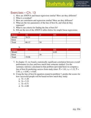 pg. 256
Exercises – Ch. 13
1. How are ANOVA and linear regression similar? How are they different?
2. What is a residual?
3. How are correlation and regression similar? How are they different?
4. What are the two parameters of the line of best fit, and what do they
represent?
5. What is our criteria for finding the line of best fit?
6. Fill out the rest of the ANOVA tables below for simple linear regressions:
a.
Source SS df MS F
Model 34.21
Error
Total 66.12 54
b.
Source SS df MS F
Model 6.03
Error 16
Total 19.98
7. In chapter 12, we found a statistically significant correlation between overall
performance in class and how much time someone studied. Use the
summary statistics calculated in that problem (provided here) to compute a
line of best fit predicting success from study times: X
̅ = 1.61, sX = 1.12, Y
̅ =
2.95, sY = 0.99, r = 0.65.
8. Using the line of best fit equation created in problem 7, predict the scores for
how successful people will be based on how much they study:
a. X = 1.20
b. X = 3.33
c. X = 0.71
d. X = 4.00
 