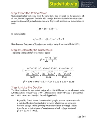 pg. 266
Step 2: Find the Critical Value
Our critical value will come from the same table that we used for the goodness-of-
fit test, but our degrees of freedom will change. Because we now have rows and
columns (instead of just columns) our new degrees of freedom use information on
both:
𝑑𝑓 = (𝑅 − 1)(𝐶 − 1)
In our example:
𝑑𝑓 = (2 − 1)(3 − 1) = 1 ∗ 2 = 2
Based on our 2 degrees of freedom, our critical value from our table is 5.991.
Step 3: Calculate the Test Statistic
The same formula for χ2
is used once again:
χ2
= ∑
(O − E)2
E
χ2
=
(47 − 35.21)2
35.21
+
(26 − 25.38)2
25.38
+
(14 − 26.41)2
26.41
+
(21 − 32.79)2
32.79
+
(23 − 23.62)2
23.62
+
(37 − 24.59)2
24.59
χ2
= 3.94 + 0.02 + 5.83 + 4.24 + 0.02 + 6.26 = 20.31
Step 4: Make the Decision
The final decision for our test of independence is still based on our observed value
(20.31) and our critical value (5.991). Because our observed value is greater than
our critical value, we can reject the null hypothesis.
Reject H0. Based on our data from 168 people, we can say that there is
a statistically significant relation between whether or not someone
watches college sports growing up and how much a college’s sports
team factor in to that person’s decision on which college to attend,
χ2
(2) = 20.31, p < 0.05.
 