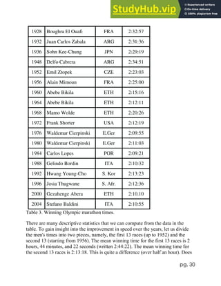 pg. 30
1928 Boughra El Ouafi FRA 2:32:57
1932 Juan Carlos Zabala ARG 2:31:36
1936 Sohn Kee-Chung JPN 2:29:19
1948 Delfo Cabrera ARG 2:34:51
1952 Emil Ztopek CZE 2:23:03
1956 Alain Mimoun FRA 2:25:00
1960 Abebe Bikila ETH 2:15:16
1964 Abebe Bikila ETH 2:12:11
1968 Mamo Wolde ETH 2:20:26
1972 Frank Shorter USA 2:12:19
1976 Waldemar Cierpinski E.Ger 2:09:55
1980 Waldemar Cierpinski E.Ger 2:11:03
1984 Carlos Lopes POR 2:09:21
1988 Gelindo Bordin ITA 2:10:32
1992 Hwang Young-Cho S. Kor 2:13:23
1996 Josia Thugwane S. Afr. 2:12:36
2000 Gezahenge Abera ETH 2:10.10
2004 Stefano Baldini ITA 2:10:55
Table 3. Winning Olympic marathon times.
There are many descriptive statistics that we can compute from the data in the
table. To gain insight into the improvement in speed over the years, let us divide
the men's times into two pieces, namely, the first 13 races (up to 1952) and the
second 13 (starting from 1956). The mean winning time for the first 13 races is 2
hours, 44 minutes, and 22 seconds (written 2:44:22). The mean winning time for
the second 13 races is 2:13:18. This is quite a difference (over half an hour). Does
 