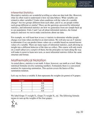 pg. 32
Inferential Statistics
Descriptive statistics are wonderful at telling us what our data look like. However,
what we often want to understand is how our data behave. What variables are
related to other variables? Under what conditions will the value of a variable
change? Are two groups different from each other, and if so, are people within
each group different or similar? These are the questions answered by inferential
statistics, and inferential statistics are how we generalize from our sample back up
to our population. Units 2 and 3 are all about inferential statistics, the formal
analyses and tests we run to make conclusions about our data.
For example, we will learn how to use a t statistic to determine whether people
change over time when enrolled in an intervention. We will also use an F statistic
to determine if we can predict future values on a variable based on current known
values of a variable. There are many types of inferential statistics, each allowing us
insight into a different behavior of the data we collect. This course will only touch
on a small subset (or a sample) of them, but the principles we learn along the way
will make it easier to learn new tests, as most inferential statistics follow the same
structure and format.
Mathematical Notation
As noted above, statistics is not math. It does, however, use math as a tool. Many
statistical formulas involve summing numbers. Fortunately there is a convenient
notation for expressing summation. This section covers the basics of this
summation notation.
Let's say we have a variable X that represents the weights (in grams) of 4 grapes:
Grape X
1 4.6
2 5.1
3 4.9
4 4.4
We label Grape 1's weight X1, Grape 2's weight X2, etc. The following formula
means to sum up the weights of the four grapes:
 