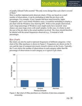 pg. 38
of graphs, Edward Tufte asserted “The only worse design than a pie chart is several
of them.”
Here is another important point about pie charts. If they are based on a small
number of observations, it can be misleading to label the pie slices with
percentages. For example, if just 5 people had been interviewed by Apple
Computers, and 3 were former Windows users, it would be misleading to display a
pie chart with the Windows slice showing 60%. With so few people interviewed,
such a large percentage of Windows users might easily have occurred since
chance can cause large errors with small samples. In this case, it is better to alert
the user of the pie chart to the actual numbers involved. The slices should therefore
be labeled with the actual frequencies observed (e.g., 3) instead of with
percentages.
Bar charts
Bar charts can also be used to represent frequencies of different categories. A bar
chart of the iMac purchases is shown in Figure 2. Frequencies are shown on the Y-
axis and the type of computer previously owned is shown on the X-axis. Typically,
the Y-axis shows the number of observations in each category rather than the
percentage of observations in each category as is typical in pie charts.
Figure 2. Bar chart of iMac purchases as a function of previous computer
ownership.
 
