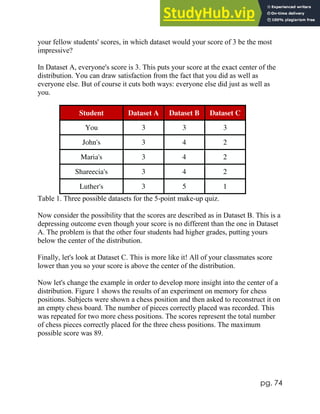pg. 74
your fellow students' scores, in which dataset would your score of 3 be the most
impressive?
In Dataset A, everyone's score is 3. This puts your score at the exact center of the
distribution. You can draw satisfaction from the fact that you did as well as
everyone else. But of course it cuts both ways: everyone else did just as well as
you.
Student Dataset A Dataset B Dataset C
You 3 3 3
John's 3 4 2
Maria's 3 4 2
Shareecia's 3 4 2
Luther's 3 5 1
Table 1. Three possible datasets for the 5-point make-up quiz.
Now consider the possibility that the scores are described as in Dataset B. This is a
depressing outcome even though your score is no different than the one in Dataset
A. The problem is that the other four students had higher grades, putting yours
below the center of the distribution.
Finally, let's look at Dataset C. This is more like it! All of your classmates score
lower than you so your score is above the center of the distribution.
Now let's change the example in order to develop more insight into the center of a
distribution. Figure 1 shows the results of an experiment on memory for chess
positions. Subjects were shown a chess position and then asked to reconstruct it on
an empty chess board. The number of pieces correctly placed was recorded. This
was repeated for two more chess positions. The scores represent the total number
of chess pieces correctly placed for the three chess positions. The maximum
possible score was 89.
 