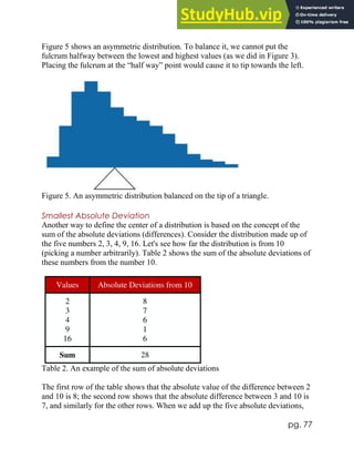 pg. 77
Figure 5 shows an asymmetric distribution. To balance it, we cannot put the
fulcrum halfway between the lowest and highest values (as we did in Figure 3).
Placing the fulcrum at the “half way” point would cause it to tip towards the left.
Figure 5. An asymmetric distribution balanced on the tip of a triangle.
Smallest Absolute Deviation
Another way to define the center of a distribution is based on the concept of the
sum of the absolute deviations (differences). Consider the distribution made up of
the five numbers 2, 3, 4, 9, 16. Let's see how far the distribution is from 10
(picking a number arbitrarily). Table 2 shows the sum of the absolute deviations of
these numbers from the number 10.
Values Absolute Deviations from 10
2
3
4
9
16
8
7
6
1
6
Sum 28
Table 2. An example of the sum of absolute deviations
The first row of the table shows that the absolute value of the difference between 2
and 10 is 8; the second row shows that the absolute difference between 3 and 10 is
7, and similarly for the other rows. When we add up the five absolute deviations,
 