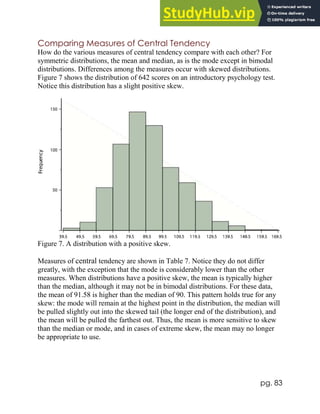 pg. 83
Comparing Measures of Central Tendency
How do the various measures of central tendency compare with each other? For
symmetric distributions, the mean and median, as is the mode except in bimodal
distributions. Differences among the measures occur with skewed distributions.
Figure 7 shows the distribution of 642 scores on an introductory psychology test.
Notice this distribution has a slight positive skew.
Figure 7. A distribution with a positive skew.
Measures of central tendency are shown in Table 7. Notice they do not differ
greatly, with the exception that the mode is considerably lower than the other
measures. When distributions have a positive skew, the mean is typically higher
than the median, although it may not be in bimodal distributions. For these data,
the mean of 91.58 is higher than the median of 90. This pattern holds true for any
skew: the mode will remain at the highest point in the distribution, the median will
be pulled slightly out into the skewed tail (the longer end of the distribution), and
the mean will be pulled the farthest out. Thus, the mean is more sensitive to skew
than the median or mode, and in cases of extreme skew, the mean may no longer
be appropriate to use.
 