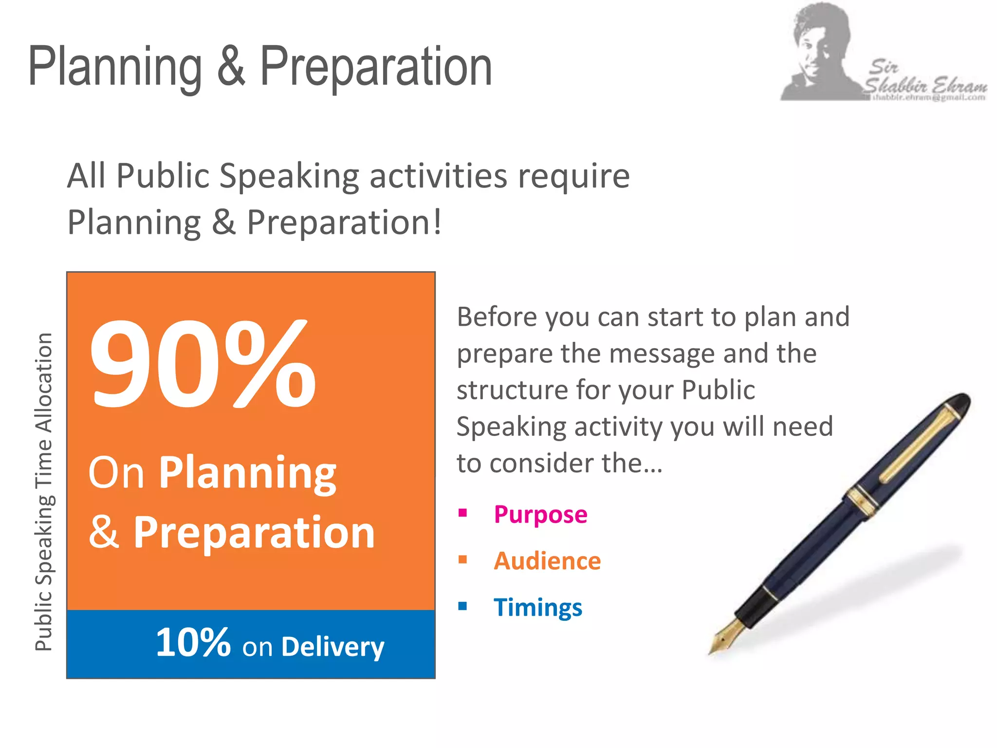 Planning & Preparation
All Public Speaking activities require
Planning & Preparation!
10% on Delivery
90%
On Planning
& Preparation
Before you can start to plan and
prepare the message and the
structure for your Public
Speaking activity you will need
to consider the…
 Purpose
 Audience
 Timings
PublicSpeakingTimeAllocation
 