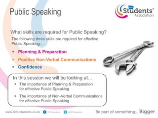 Public Speaking
What skills are required for Public Speaking?
 Planning & Preparation
 Positive Non-Verbal Communications
 Confidence
The following three skills are required for effective
Public Speaking…
In this session we will be looking at…
 The importance of Planning & Preparation
for effective Public Speaking
 The importance of Non-Verbal Communications
for effective Public Speaking.
 