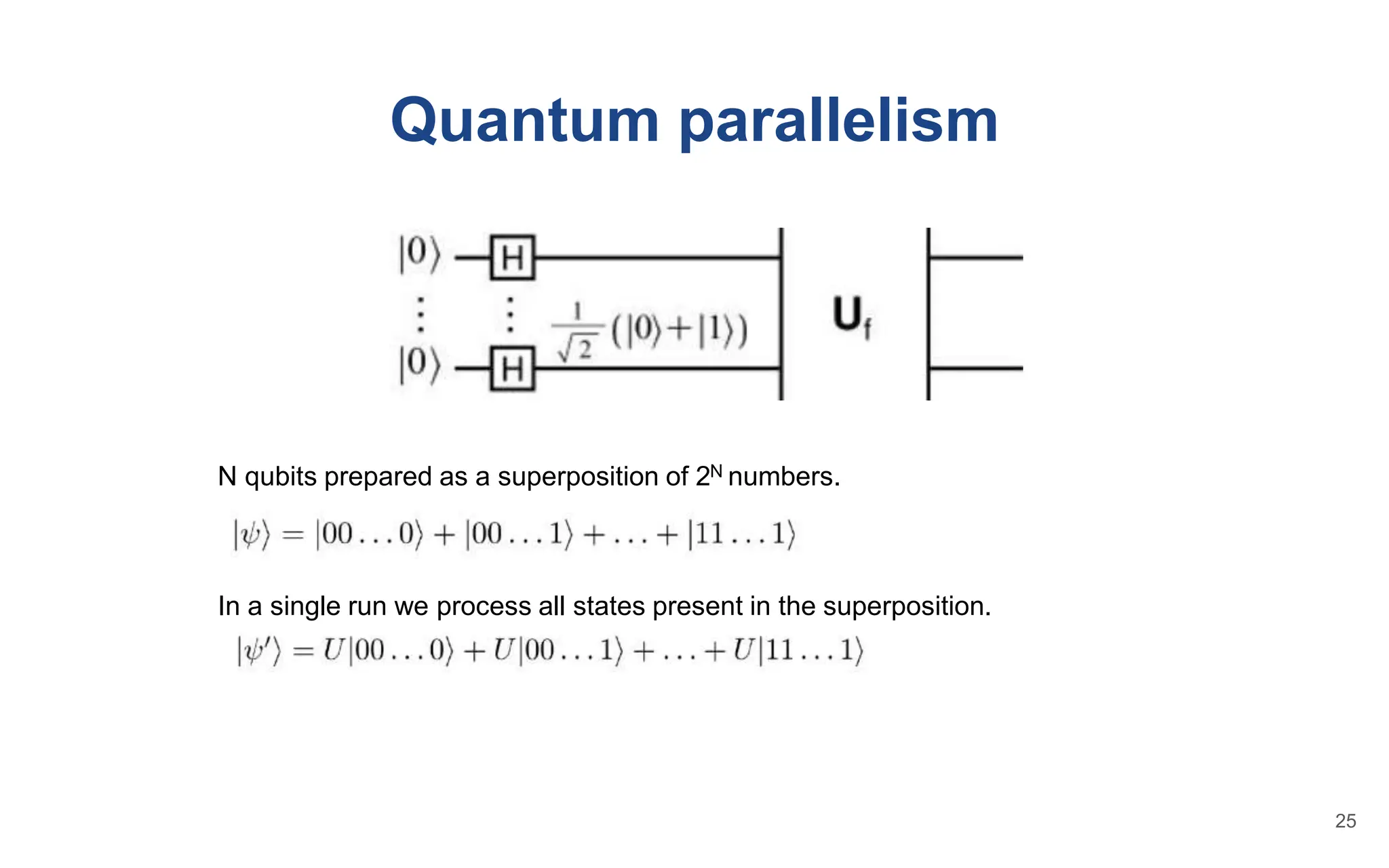 Quantum parallelism
N qubits prepared as a superposition of 2N numbers.
In a single run we process all states present in the superposition.
25
 
