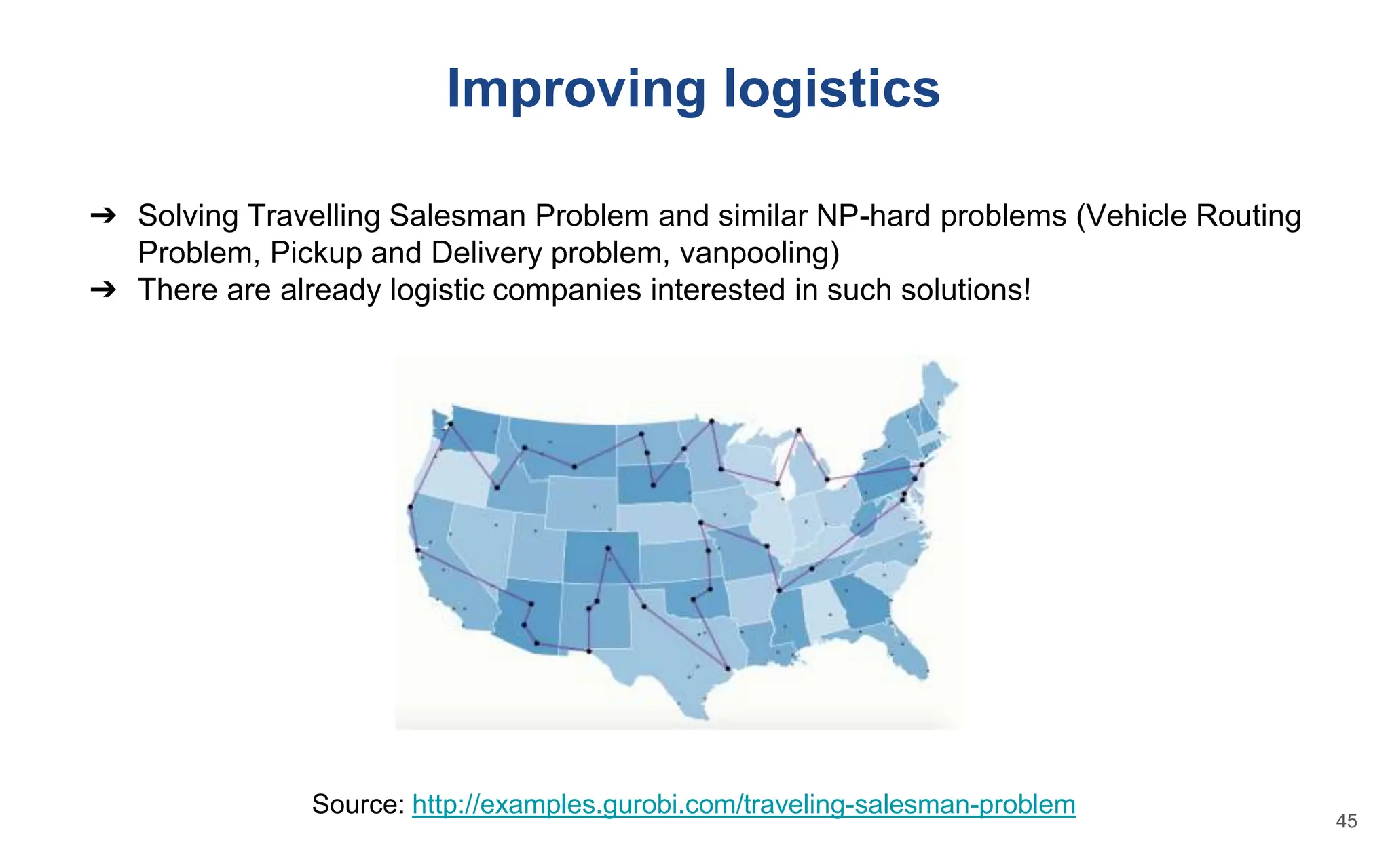 Improving logistics
➔ Solving Travelling Salesman Problem and similar NP-hard problems (Vehicle Routing
Problem, Pickup and Delivery problem, vanpooling)
➔ There are already logistic companies interested in such solutions!
Source: http://examples.gurobi.com/traveling-salesman-problem
45
 