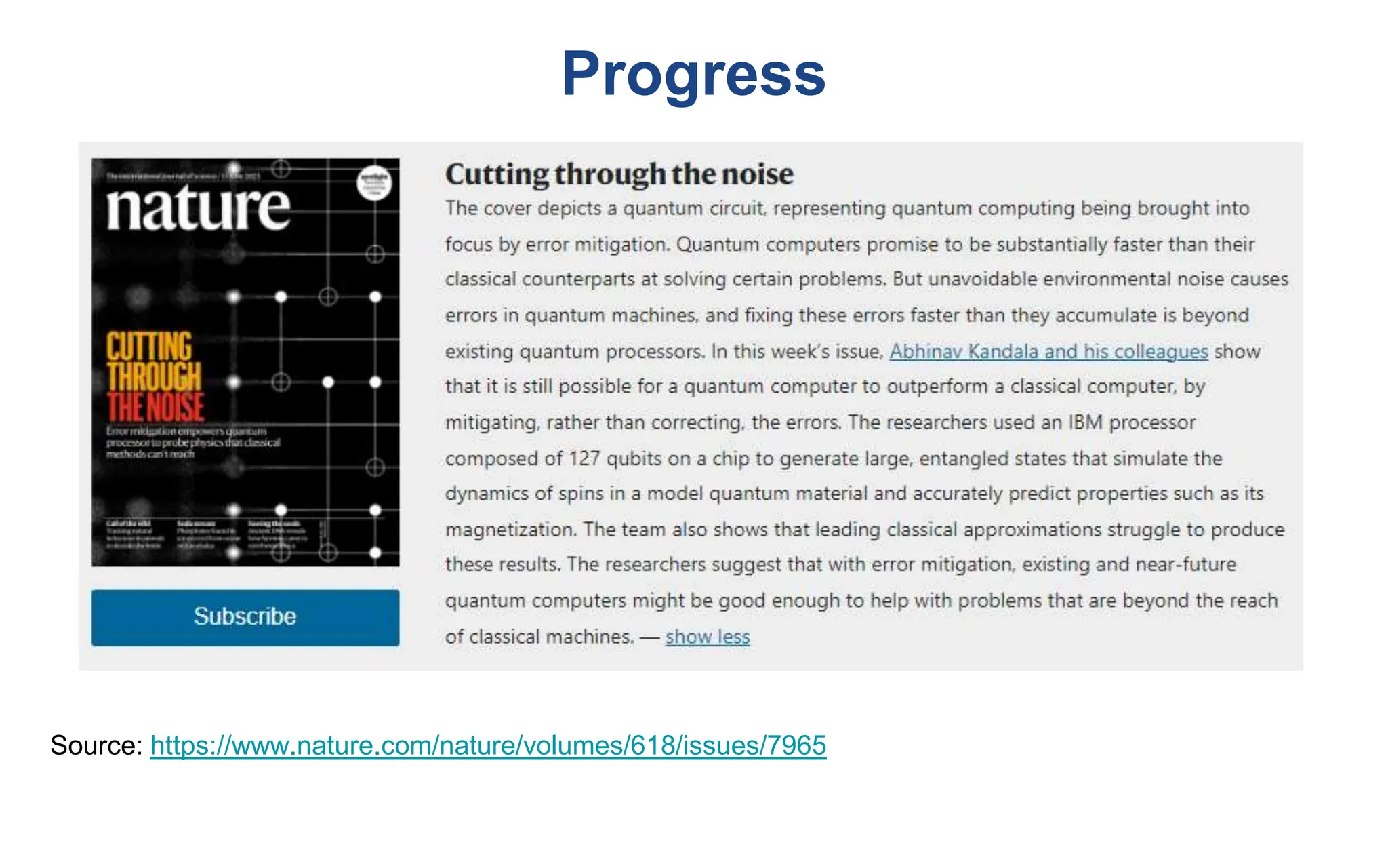 Progress
Source: https://www.nature.com/nature/volumes/618/issues/7965
 