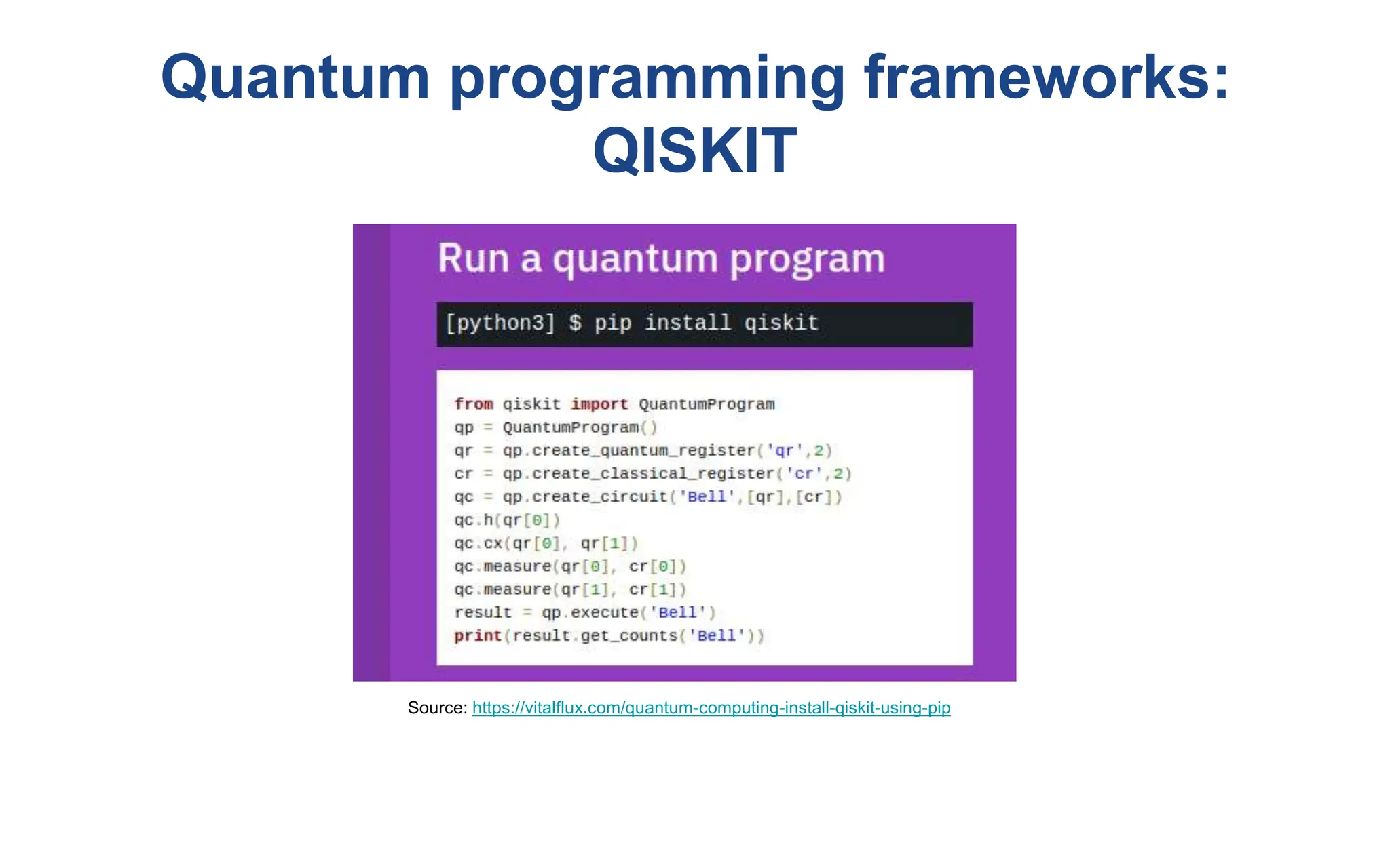 Quantum programming frameworks:
QISKIT
Source: https://vitalflux.com/quantum-computing-install-qiskit-using-pip
 