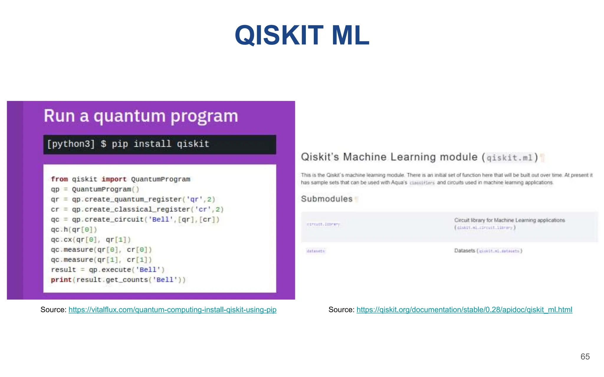 QISKIT ML
Source: https://vitalflux.com/quantum-computing-install-qiskit-using-pip
65
Source: https://qiskit.org/documentation/stable/0.28/apidoc/qiskit_ml.html
 