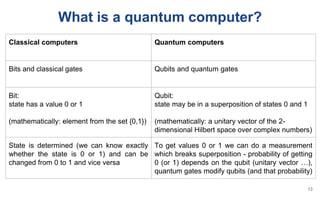 What is a quantum computer?
Classical computers Quantum computers
Bits and classical gates Qubits and quantum gates
Bit:
state has a value 0 or 1
(mathematically: element from the set {0,1})
Qubit:
state may be in a superposition of states 0 and 1
(mathematically: a unitary vector of the 2-
dimensional Hilbert space over complex numbers)
State is determined (we can know exactly
whether the state is 0 or 1) and can be
changed from 0 to 1 and vice versa
To get values 0 or 1 we can do a measurement
which breaks superposition - probability of getting
0 (or 1) depends on the qubit (unitary vector …),
quantum gates modify qubits (and that probability)
13
 