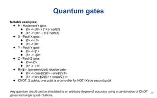 Quantum gates
Notable examples:
➔ H - Hadamard’s gate:
◆ |0> -> (|0> + |1>) / sqrt(2)
◆ |1> -> (|0> - |1>) / sqrt(2)
➔ X - Pauli-X gate:
◆ |0> -> |1>
◆ |1> -> |0>
➔ Y - Pauli-Y gate:
◆ |0> -> i|1>
◆ |1> -> -i|0>
➔ Z - Pauli-Z gate:
◆ |0>->|0>
◆ |1> -> -|1>
➔ Ry(ɸ) - (parametrized) rotation gate:
◆ |0> -> cos(ɸ/2)|0> - sin(ɸ/2)|1>
◆ |1> -> sin(ɸ/2)|0> + cos(ɸ/2)|1>
➔ CNOT: 2 qubits, one qubit is a controller for NOT (X) on second qubit
Any quantum circuit can be simulated to an arbitrary degree of accuracy using a combination of CNOT
gates and single qubit rotations.
20
 