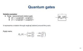 Quantum gates
Notable examples:
➔ Ry(ɸ) - (parametrized) rotation gate:
◆ |0> -> cos(ɸ/2)|0> - sin(ɸ/2)|1>
◆ |1> -> sin(ɸ/2)|0> + cos(ɸ/2)|1>
It represents a rotation through angle ɸ (radians) around the y-axis.
Ry(ɸ) matrix:
23
 