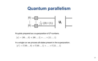 Quantum parallelism
N qubits prepared as a superposition of 2N numbers.
In a single run we process all states present in the superposition.
25
 