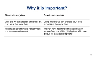 Why it is important?
Classical computers Quantum computers
On n bits we can process only one n-bit
number at the same time
Using n qubits we can process all 2n n-bit
numbers at the same time
Results are deterministic, randomness
is a pseudo-randomness
We may have real randomness and easily
sample from probability distributions which are
difficult for classical computers
28
 