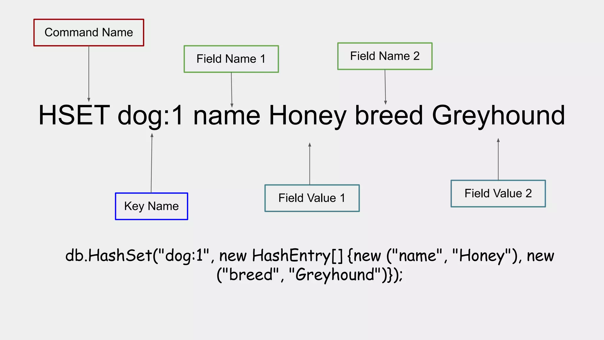 HSET dog:1 name Honey breed Greyhound
Command Name
Key Name
Field Name 1
Field Value 1
Field Name 2
Field Value 2
db.HashSet("dog:1", new HashEntry[] {new ("name", "Honey"), new
("breed", "Greyhound")});
 
