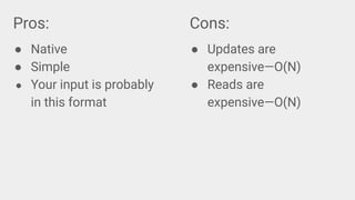 Pros:
● Native
● Simple
● Your input is probably
in this format
Cons:
● Updates are
expensive—O(N)
● Reads are
expensive—O(N)
 