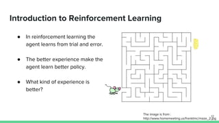 Introduction to Reinforcement Learning
● In reinforcement learning the
agent learns from trial and error.
● The better experience make the
agent learn better policy.
● What kind of experience is
better?
The image is from :
http://www.homemeeting.us/franktmc/maze_2.jpg
12
 