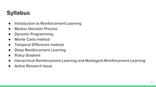 Syllabus
● Introduction to Reinforcement Learning
● Markov Decision Process
● Dynamic Programming
● Monte Carlo method
● Temporal Difference method
● Deep Reinforcement Learning
● Policy Gradient
● Hierarchical Reinforcement Learning and Multiagent Reinforcement Learning
● Active Research Issue
3
 