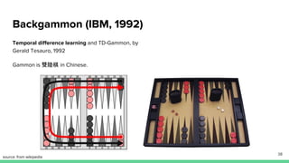 Backgammon (IBM, 1992)
Temporal difference learning and TD-Gammon, by
Gerald Tesauro, 1992
Gammon is 雙陸棋 in Chinese.
source: from wikipedia
38
 