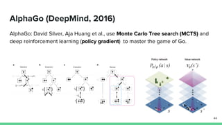 AlphaGo (DeepMind, 2016)
AlphaGo: David Silver, Aja Huang et al., use Monte Carlo Tree search (MCTS) and
deep reinforcement learning (policy gradient) to master the game of Go.
44
 