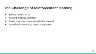 The Challenge of reinforcement learning
● Sparse reward issue
● Reward credit assignment
● Large space for exploration (trial-and-error)
● Imperfect information, partial observation
52
 