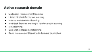 Active research domain
● Multiagent reinforcement learning
● Hierarchical reinforcement learning
● Inverse reinforcement learning
● Multi-task Transfer learning in reinforcement learning
● Meta learning
● One-shot reinforcement learning
● Deep reinforcement learning in dialogue generation
53
 