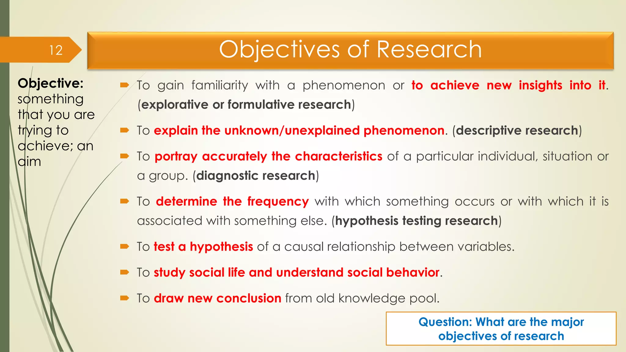 Objectives of Research
 To gain familiarity with a phenomenon or to achieve new insights into it.
(explorative or formulative research)
 To explain the unknown/unexplained phenomenon. (descriptive research)
 To portray accurately the characteristics of a particular individual, situation or
a group. (diagnostic research)
 To determine the frequency with which something occurs or with which it is
associated with something else. (hypothesis testing research)
 To test a hypothesis of a causal relationship between variables.
 To study social life and understand social behavior.
 To draw new conclusion from old knowledge pool.
12
Question: What are the major
objectives of research
Objective:
something
that you are
trying to
achieve; an
aim
 