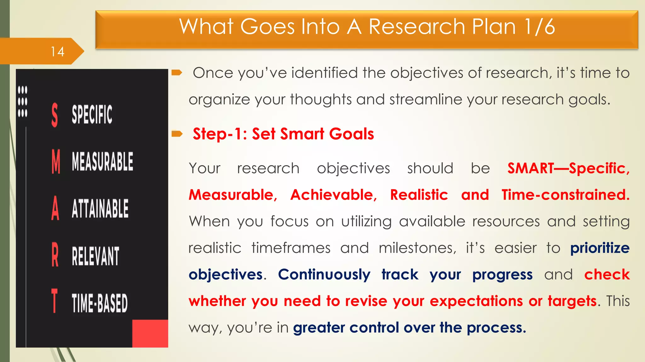What Goes Into A Research Plan 1/6
 Once you’ve identified the objectives of research, it’s time to
organize your thoughts and streamline your research goals.
 Step-1: Set Smart Goals
Your research objectives should be SMART—Specific,
Measurable, Achievable, Realistic and Time-constrained.
When you focus on utilizing available resources and setting
realistic timeframes and milestones, it’s easier to prioritize
objectives. Continuously track your progress and check
whether you need to revise your expectations or targets. This
way, you’re in greater control over the process.
14
 