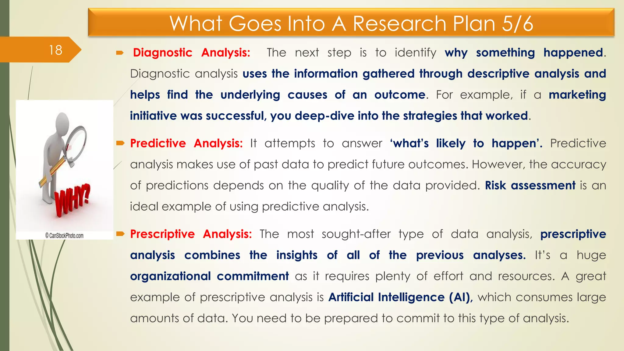 What Goes Into A Research Plan 5/6
 Diagnostic Analysis: The next step is to identify why something happened.
Diagnostic analysis uses the information gathered through descriptive analysis and
helps find the underlying causes of an outcome. For example, if a marketing
initiative was successful, you deep-dive into the strategies that worked.
 Predictive Analysis: It attempts to answer ‘what’s likely to happen’. Predictive
analysis makes use of past data to predict future outcomes. However, the accuracy
of predictions depends on the quality of the data provided. Risk assessment is an
ideal example of using predictive analysis.
 Prescriptive Analysis: The most sought-after type of data analysis, prescriptive
analysis combines the insights of all of the previous analyses. It’s a huge
organizational commitment as it requires plenty of effort and resources. A great
example of prescriptive analysis is Artificial Intelligence (AI), which consumes large
amounts of data. You need to be prepared to commit to this type of analysis.
18
 