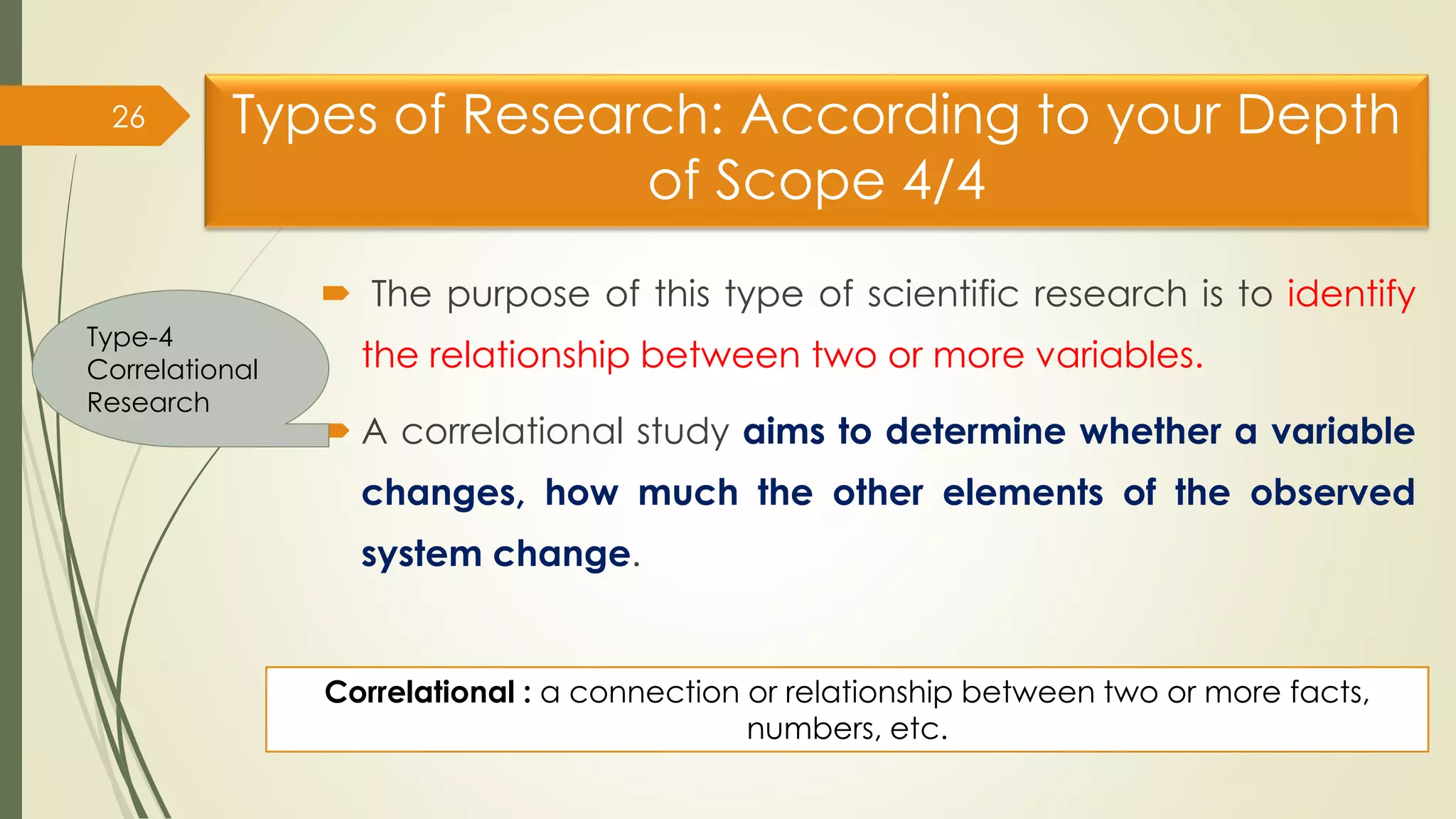 Types of Research: According to your Depth
of Scope 4/4
 The purpose of this type of scientific research is to identify
the relationship between two or more variables.
 A correlational study aims to determine whether a variable
changes, how much the other elements of the observed
system change.
26
Type-4
Correlational
Research
Correlational : a connection or relationship between two or more facts,
numbers, etc.
 