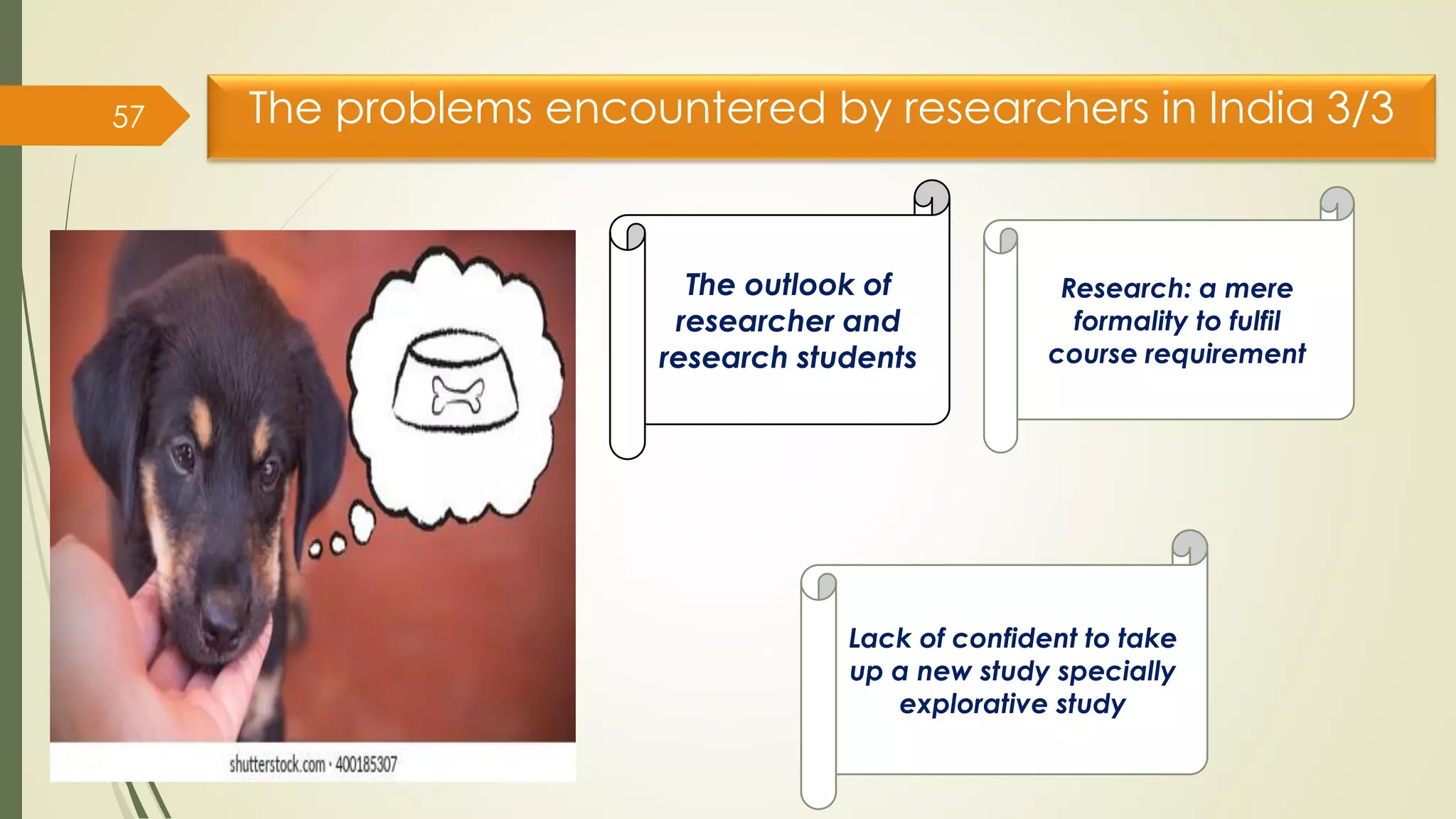The problems encountered by researchers in India 3/3
57
The outlook of
researcher and
research students
Lack of confident to take
up a new study specially
explorative study
Research: a mere
formality to fulfil
course requirement
 