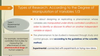 Types of Research: According to the Degree of
Manipulation of Variables 1/3
 It is about designing or replicating a pheno...