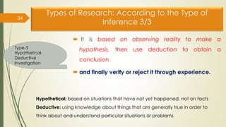 Types of Research: According to the Type of
Inference 3/3
 It is based on observing reality to make a
hypothesis, then us...