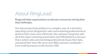 RingLead helps organizations accelerate revenue by solving their
data challenges.
Our data productivity platform is a comp...