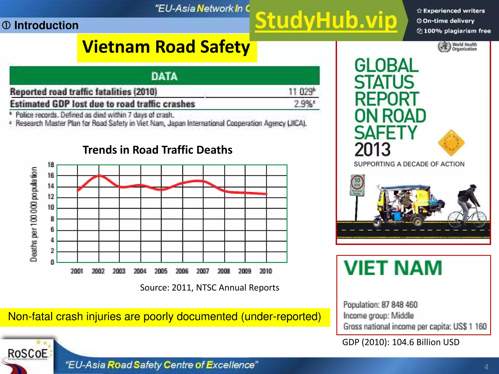 4
Vietnam Road Safety
Non-fatal crash injuries are poorly documented (under-reported)
Trends in Road Traffic Deaths
Source: 2011, NTSC Annual Reports
GDP (2010): 104.6 Billion USD
 Introduction
 
