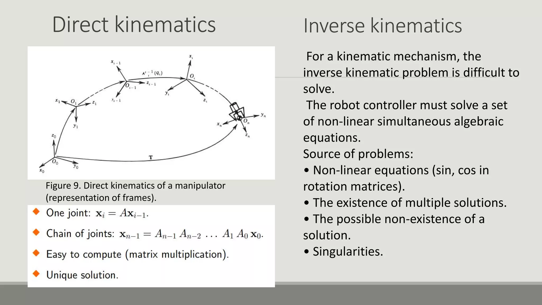 Direct kinematics Inverse kinematics For a kinematic mechanism, the inverse kinematic problem is difficult to solve. The robot controller must solve a set of non-linear simultaneous algebraic equations. Source of problems: • Non-linear equations (sin, cos in rotation matrices). • The existence of multiple solutions. • The possible non-existence of a solution. • Singularities. Figure 9. Direct kinematics of a manipulator (representation of frames). 