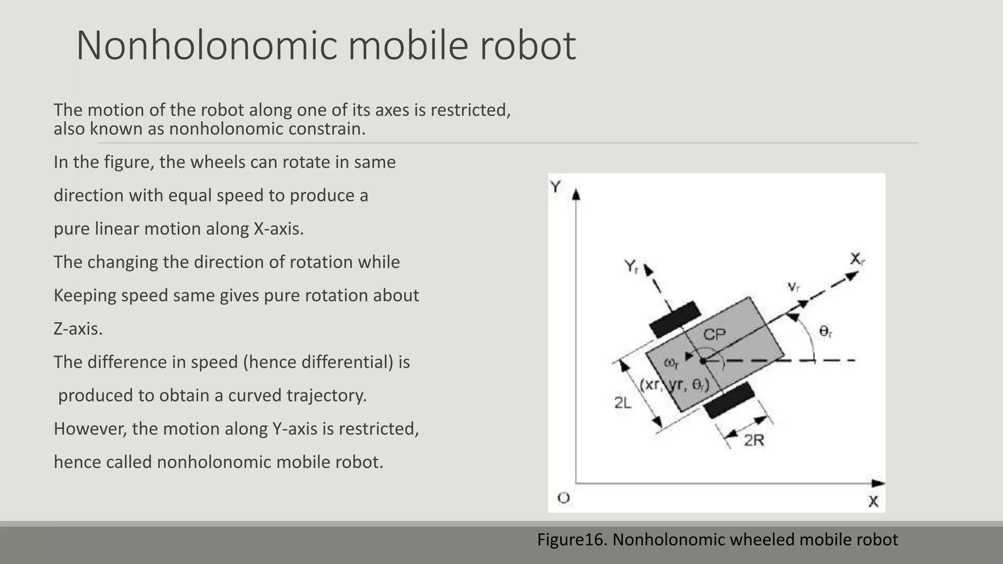 Nonholonomic mobile robot The motion of the robot along one of its axes is restricted, also known as nonholonomic constrain. In the figure, the wheels can rotate in same direction with equal speed to produce a pure linear motion along X-axis. The changing the direction of rotation while Keeping speed same gives pure rotation about Z-axis. The difference in speed (hence differential) is produced to obtain a curved trajectory. However, the motion along Y-axis is restricted, hence called nonholonomic mobile robot. Figure16. Nonholonomic wheeled mobile robot 