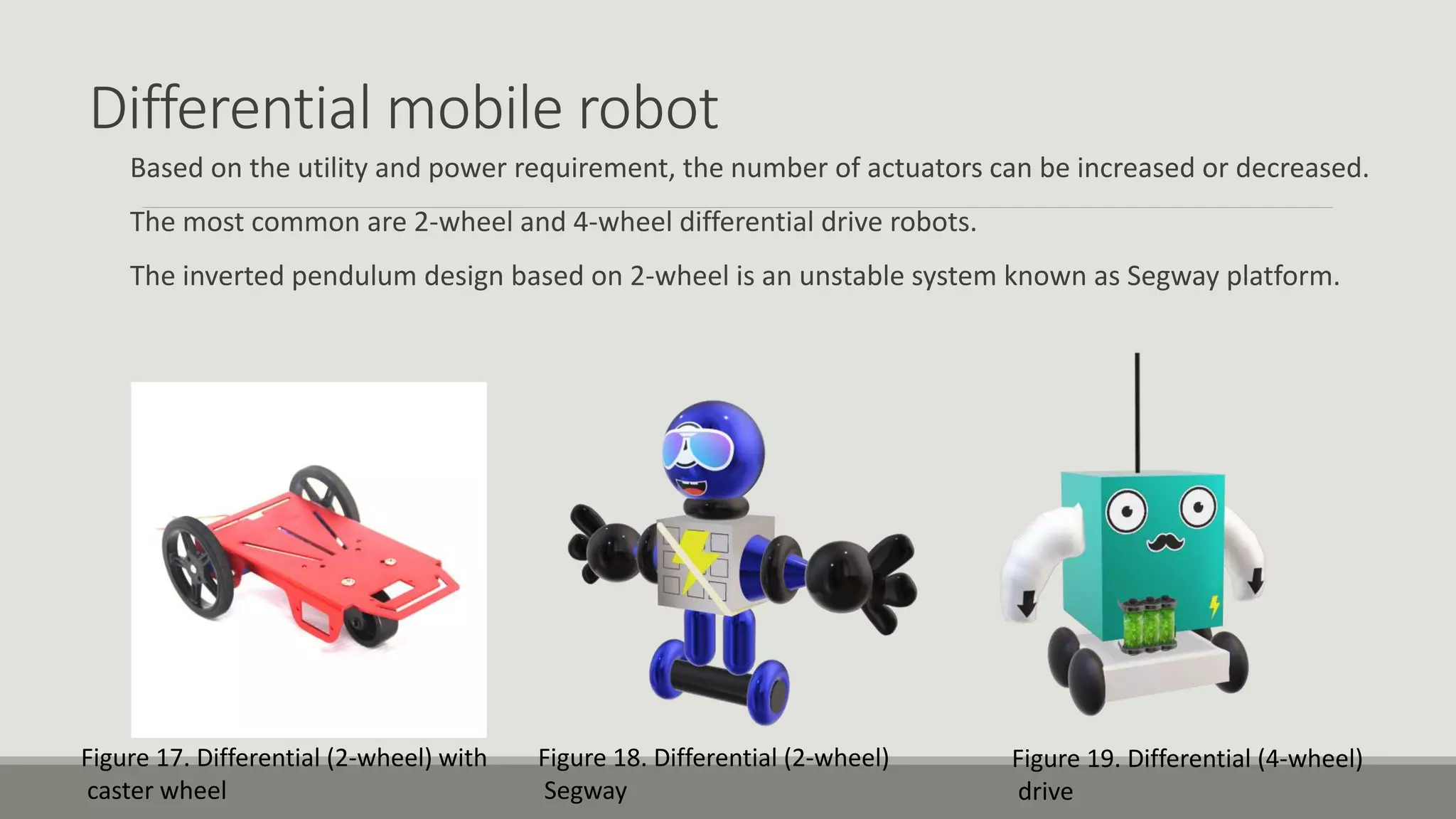 Differential mobile robot Based on the utility and power requirement, the number of actuators can be increased or decreased. The most common are 2-wheel and 4-wheel differential drive robots. The inverted pendulum design based on 2-wheel is an unstable system known as Segway platform. Figure 19. Differential (4-wheel) drive Figure 17. Differential (2-wheel) with caster wheel Figure 18. Differential (2-wheel) Segway 