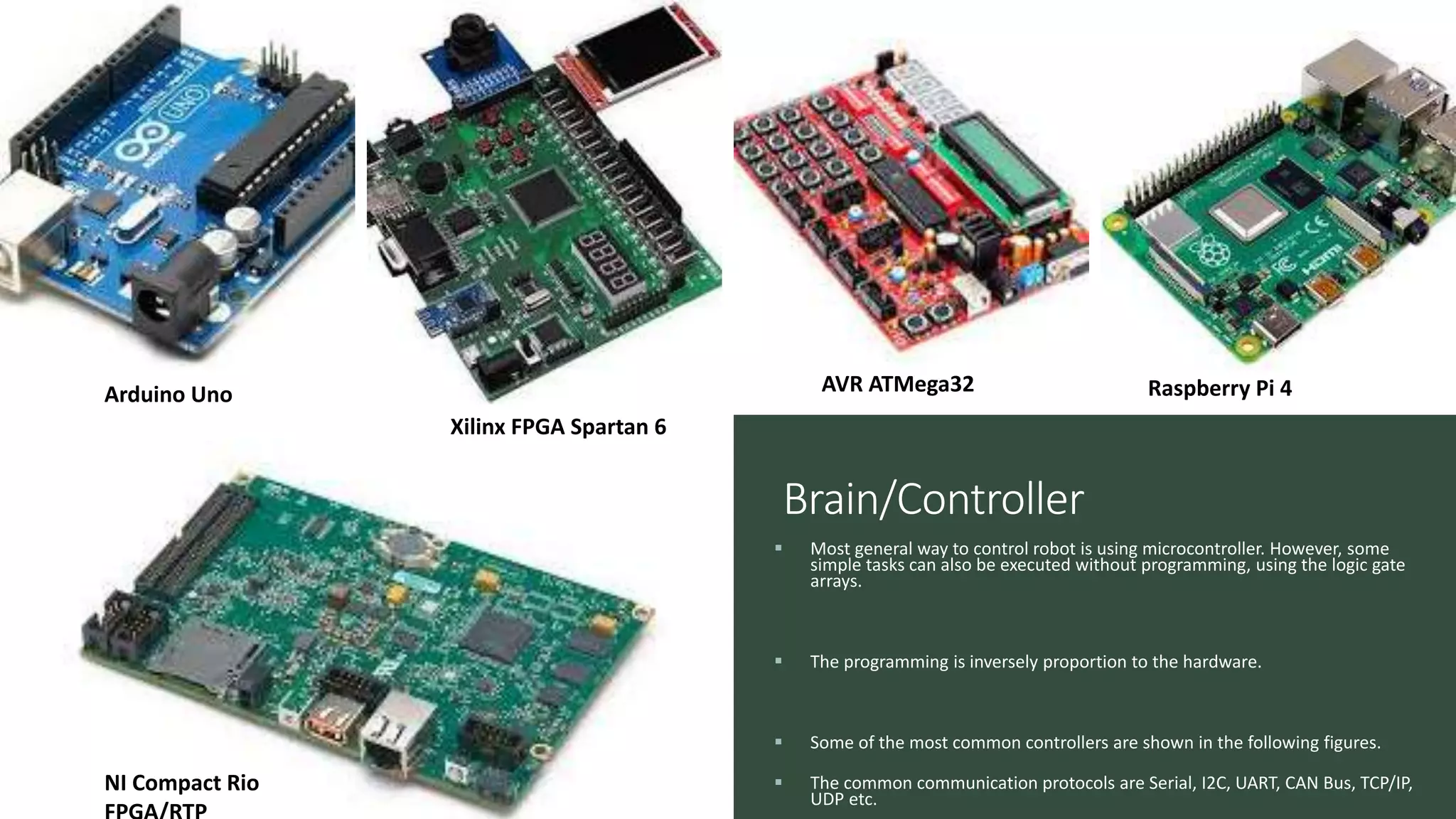 Brain/Controller  Most general way to control robot is using microcontroller. However, some simple tasks can also be executed without programming, using the logic gate arrays.  The programming is inversely proportion to the hardware.  Some of the most common controllers are shown in the following figures.  The common communication protocols are Serial, I2C, UART, CAN Bus, TCP/IP, UDP etc. Arduino Uno Xilinx FPGA Spartan 6 AVR ATMega32 Raspberry Pi 4 NI Compact Rio 